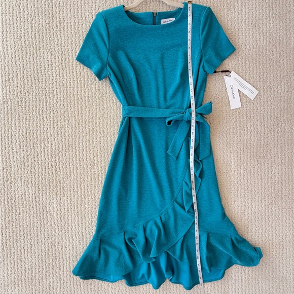 NWT CALVIN KLEIN Metallic Teal Short Sleeve Ruffle Hem Belted Short Dress 4 - Picture 12 of 12